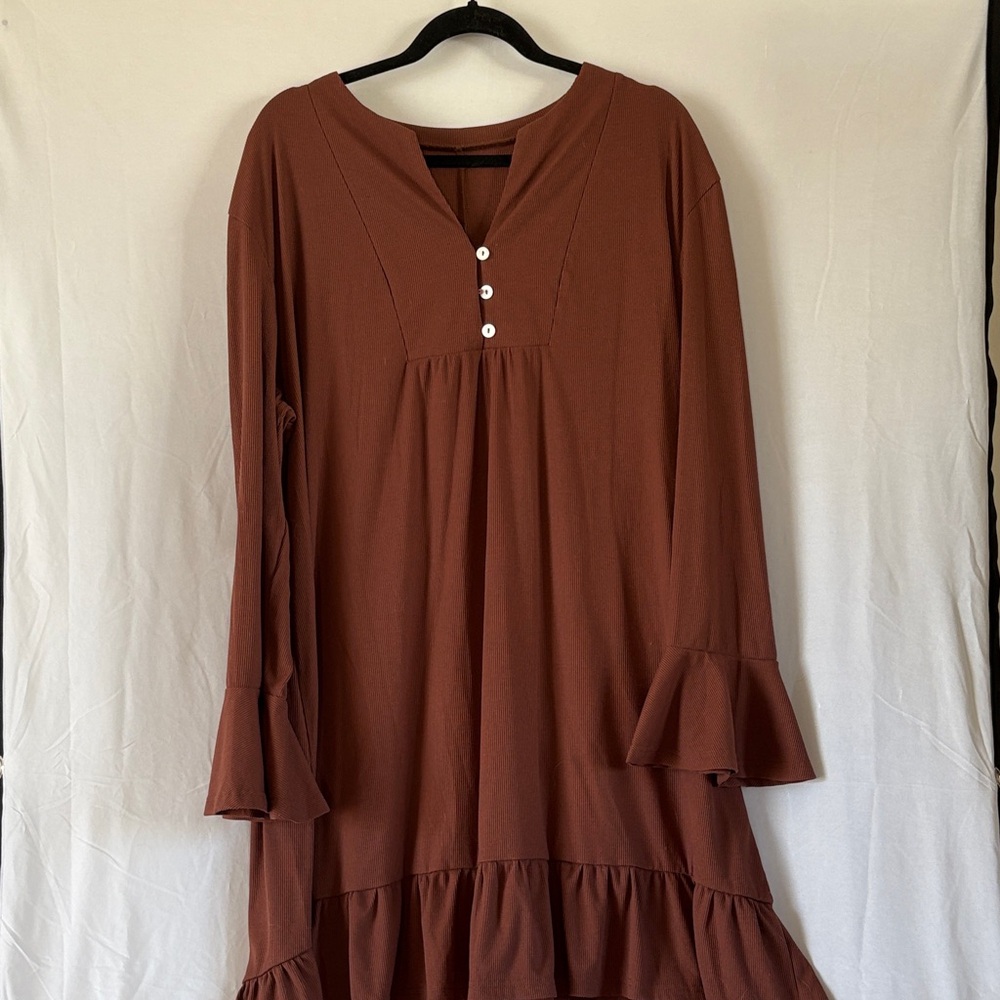 SHEIN Rust Brown Ruffle-Hem V-Neck Tunic Dress